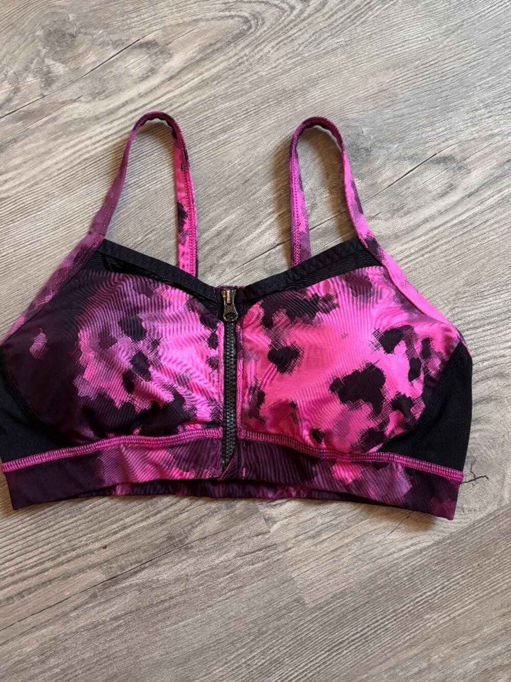Pink and Black Tie-Dye Front Zip Sports Bra
